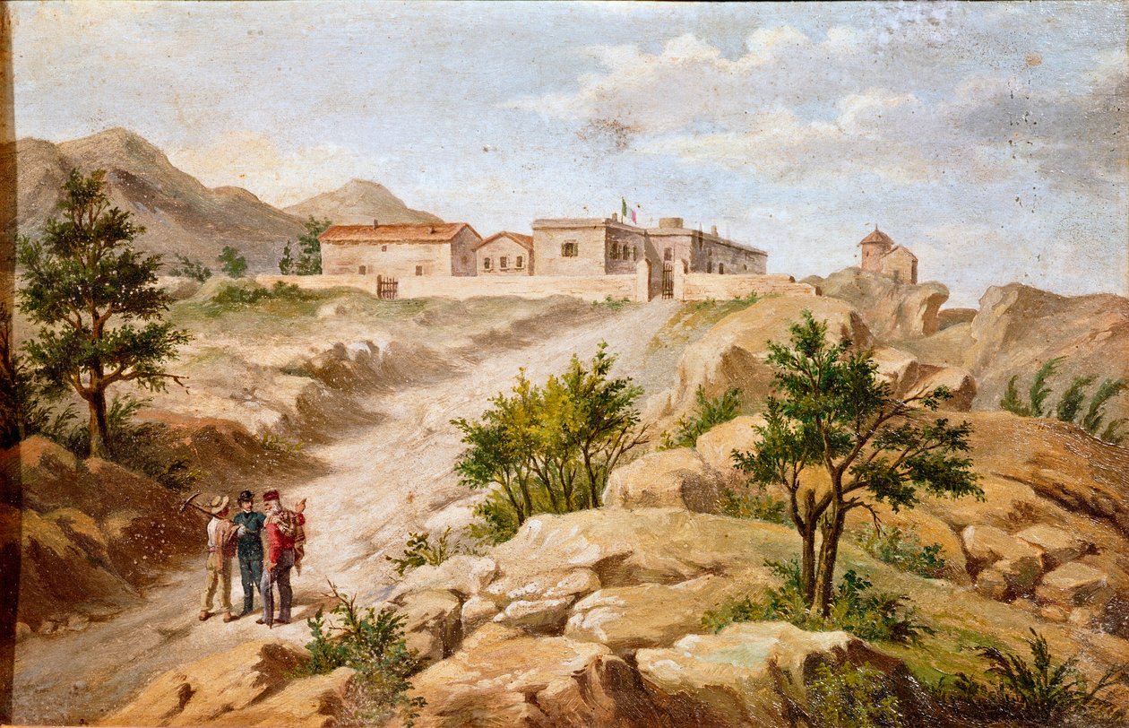 İtalyan vatansever ve Risorgimento Giuseppe Garibaldi (1807-1882) a Caprera (Sardunya) Garibaldi kahramanlarının evinin görünümü, resmin solunda iki köylü ile birlikte. 19. yüzyıl Roma Museo del Risorgimento