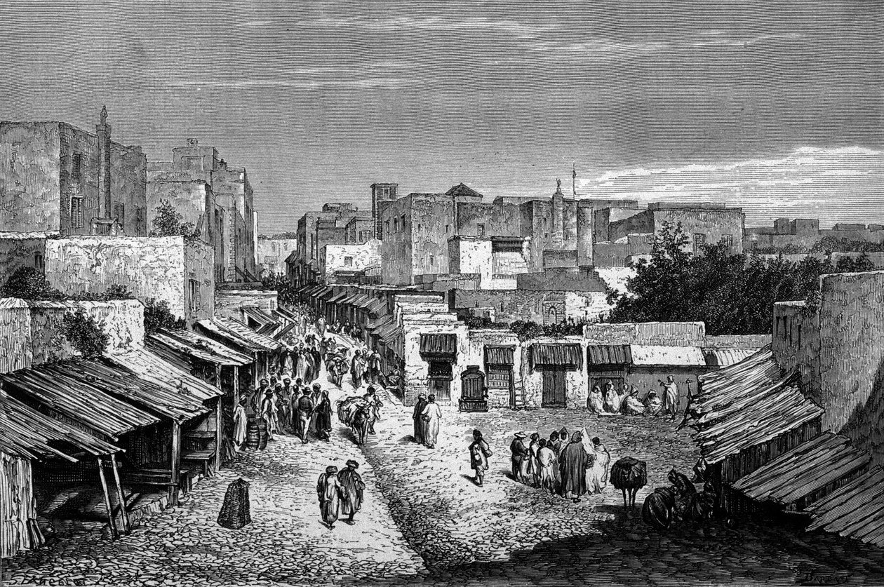 Müstahkem şehir Tangier ve sahil, Fas ana yolunun görünümü. 19. yüzyılın gravürü. by Unknown artist