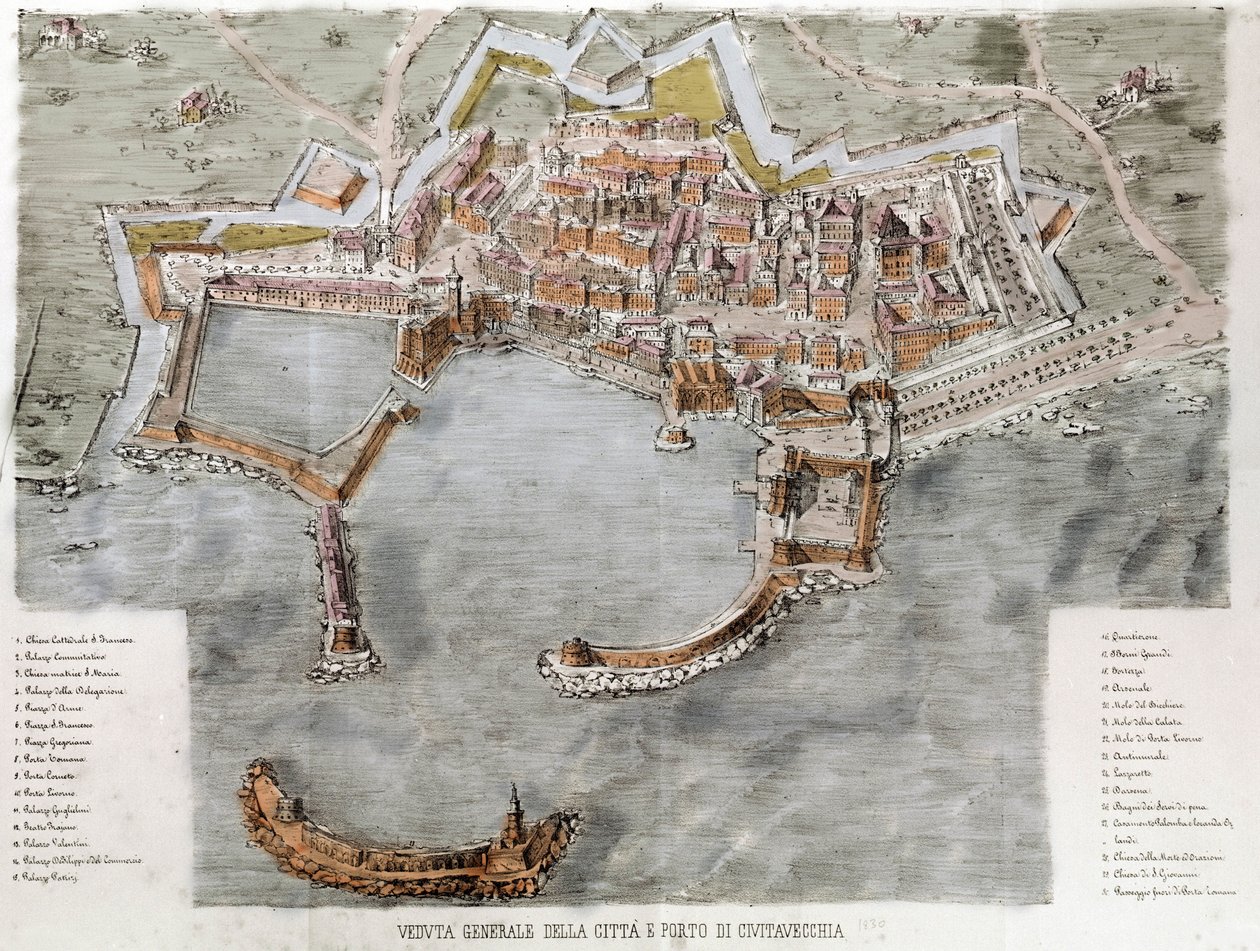Roma yakınlarındaki Civitavecchia limanının görünümü. 19. yüzyıl. by Unknown artist