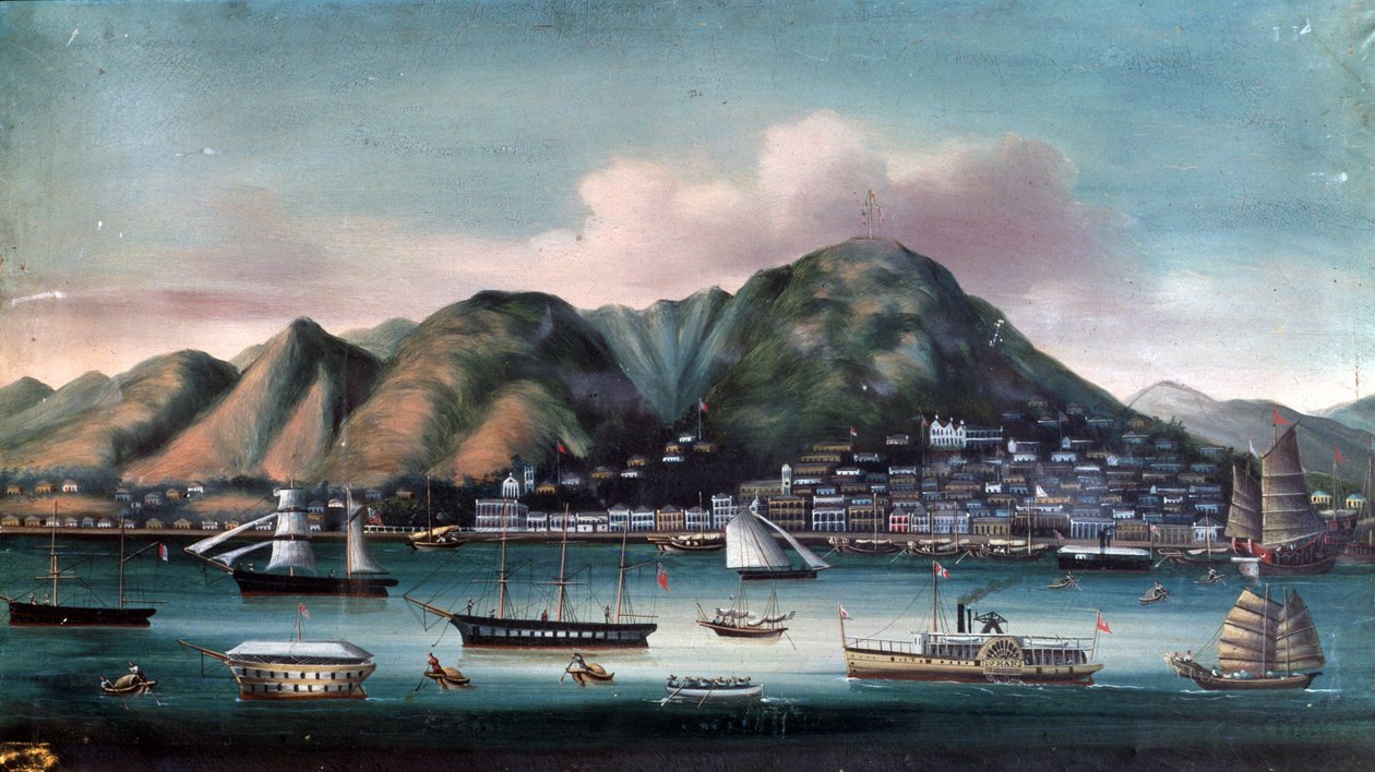 Hong Kong limanının görünümü (yelkenli ve kürek teknesi) by Unknown artist