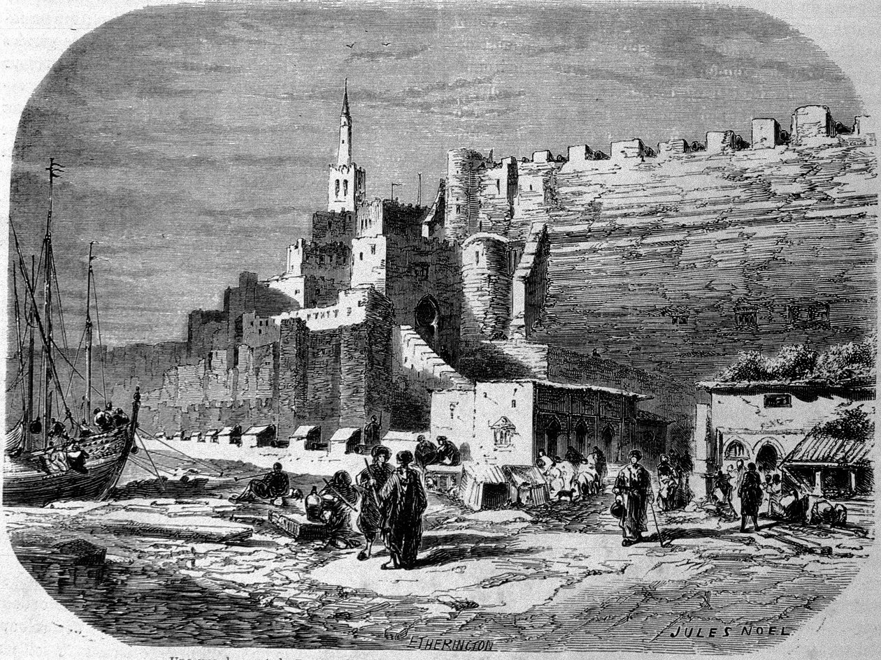 Müstahkem şehir Tangier ve sahil, Fas limanının görünümü. 1860 yılına ait gravür. by Unknown artist