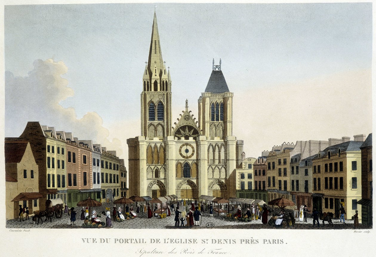 Paris yakınlarındaki St Denis kilisesinin portalının görünümü, Fransa krallarının gömülmesi ve meydandaki pazar - “Paris par Courvoisier” by Unknown artist
