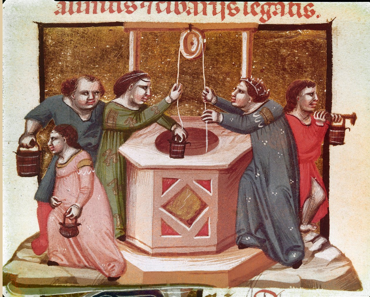 Kuyuda su çeken köylüler Justinian Kodundan Minyatür (Codex Justinianus), Bizans Roma İmparatoru I. Justinianus (483-565) altında yayınlanan yasa ve kurumlar koleksiyonu by Unknown artist