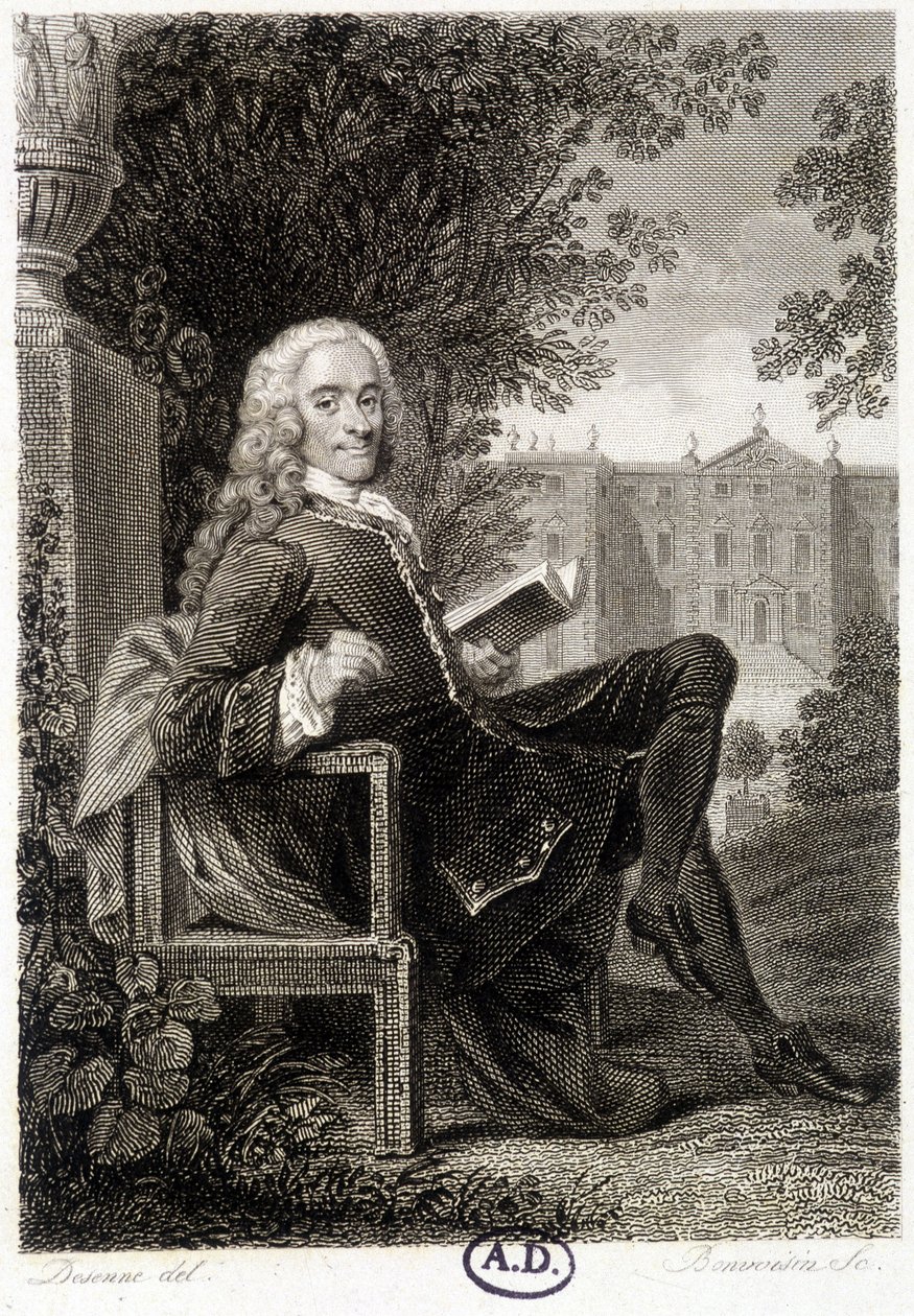 Voltaire parkta okuyor - gravür by Unknown artist