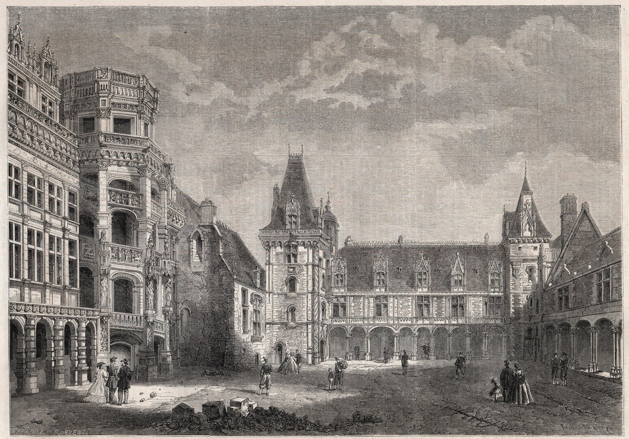 Anıtsal merdivenli Blois kalesinin dış görünümü - "" Le Monde Illustrie""de Gravür by Unknown artist