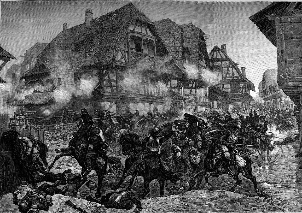 1870 Savaşı: 8. ve 9. zırhlıların Morsbronn (Alsace) sokaklarında hücumu. “” Le Journal de la jeunesse” üzerine gravür by Unknown artist