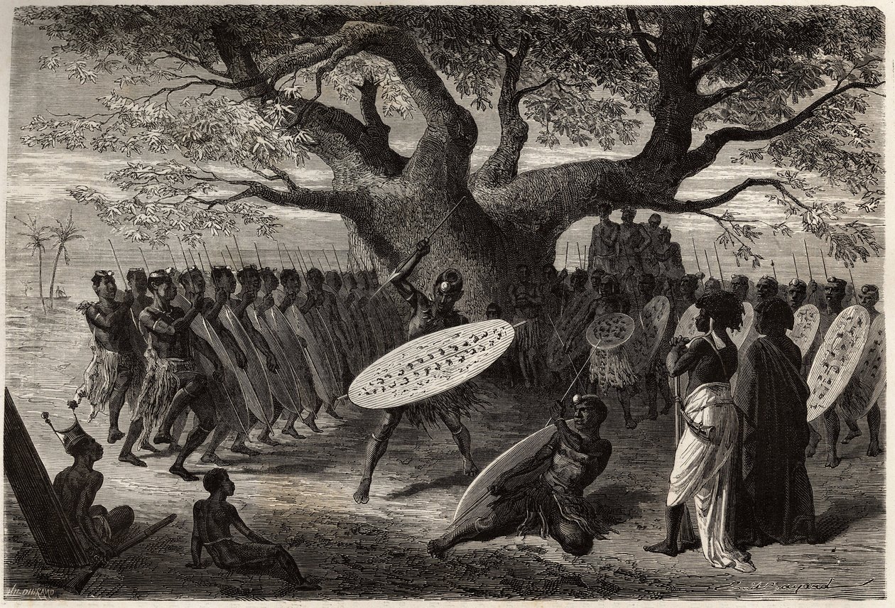 Landines veya caffres-zulus, bir Sena (Zambese Nehri bölgesi, Mozambik) savaşçı egzersizleri. 1840