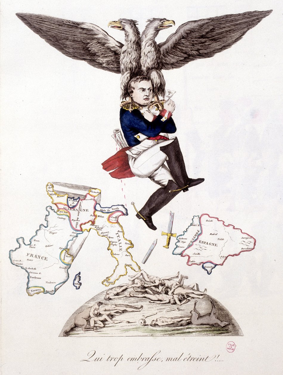 Kim de kötü kucaklar: Avrupa çapında ölüm ektikten sonra, Napolyon bir kartal tarafından taşınan Elba adasına katılır - “” Napolyon 1, karikatürler, kukla koleksiyonu””, c. 1814 by Unknown artist