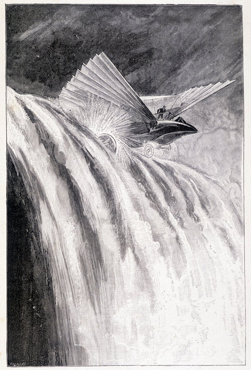 Şelaleden geçen kanatlı araç, hasta. “Dünyanın Efendisi”, Jules Verne, 19. yüzyıl sonu. by Unknown artist