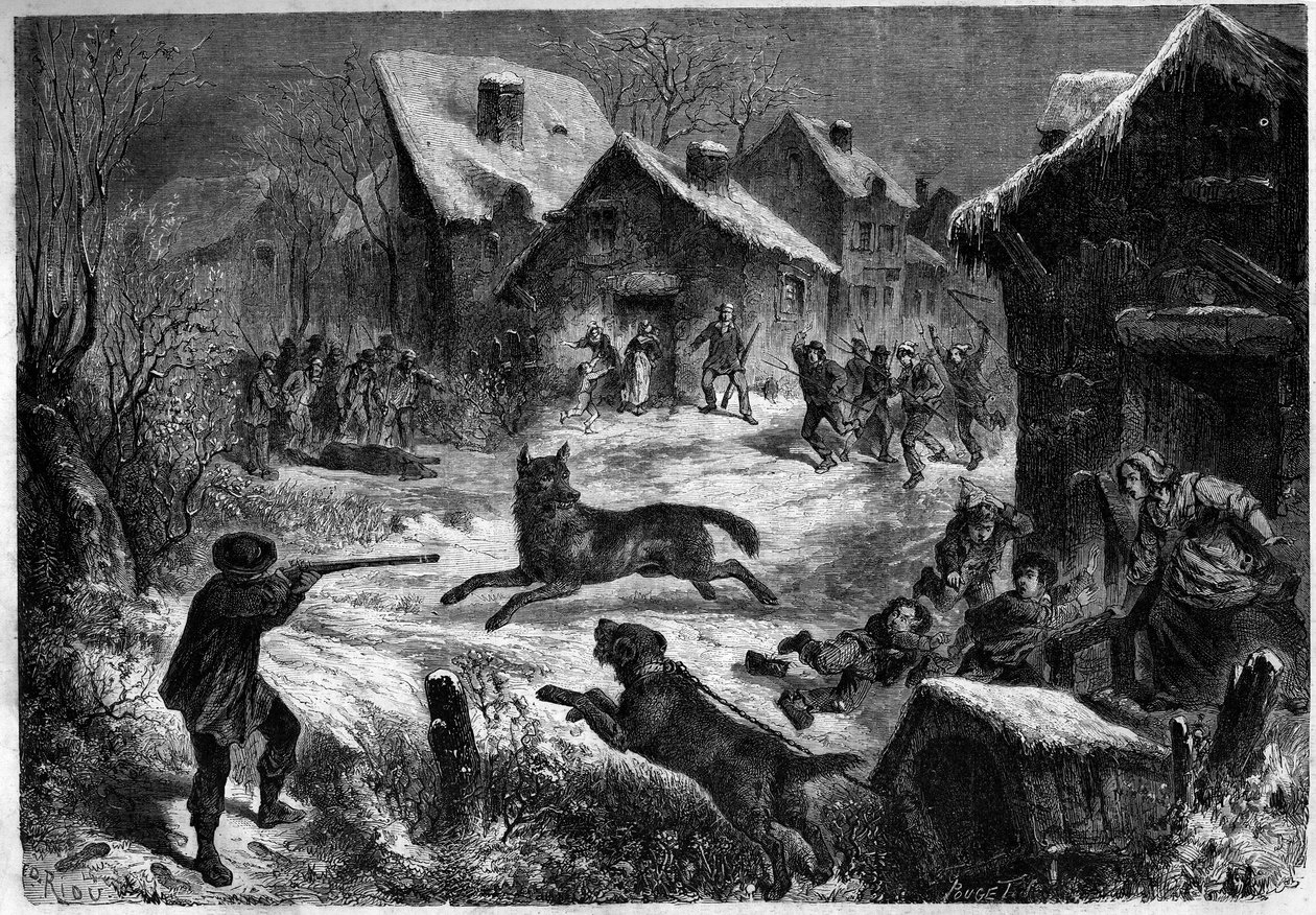 Saliers köyünde kurt avı, Bouches du Rhone (13), 31 Aralık 1860. “” Le Monde Illustré” n¡196, 12 Ocak 1861 tarihli gravür. by Unknown artist