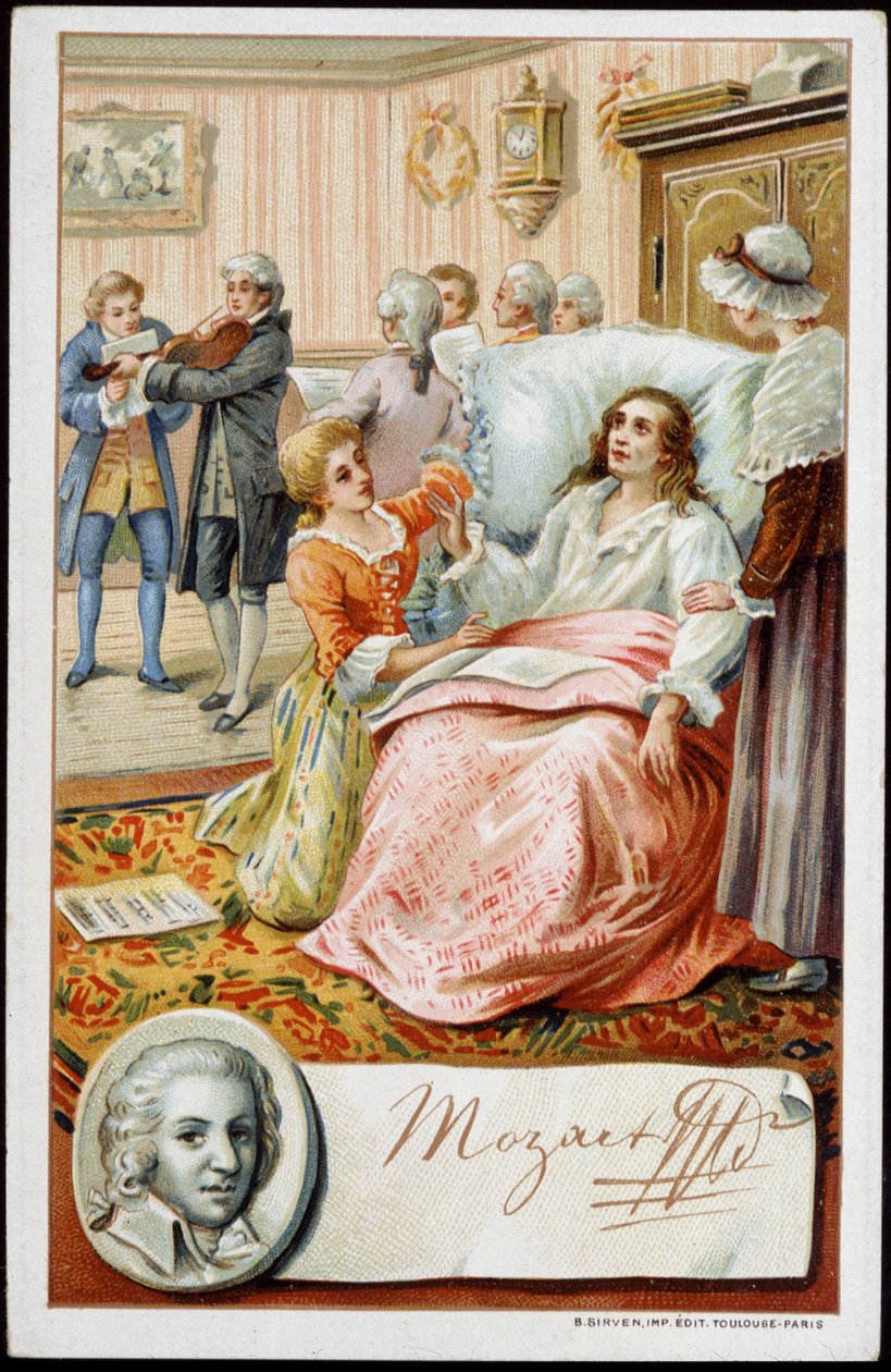 Wolfgang Amadeus Mozart (1756-1791) hayatının son günlerinde. 19. yüzyılın kromolitografisi by Unknown artist