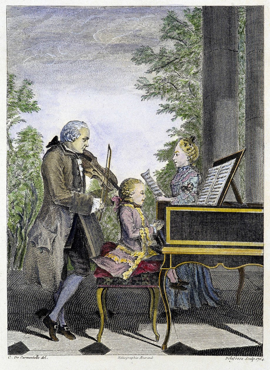 Piyanoda Wolfgang Amadeus Mozart çocuğu, etrafı kemanda babası Leopold ve şarkı söyleme - gravürde kız kardeşi Marianne ile çevrili by Unknown artist