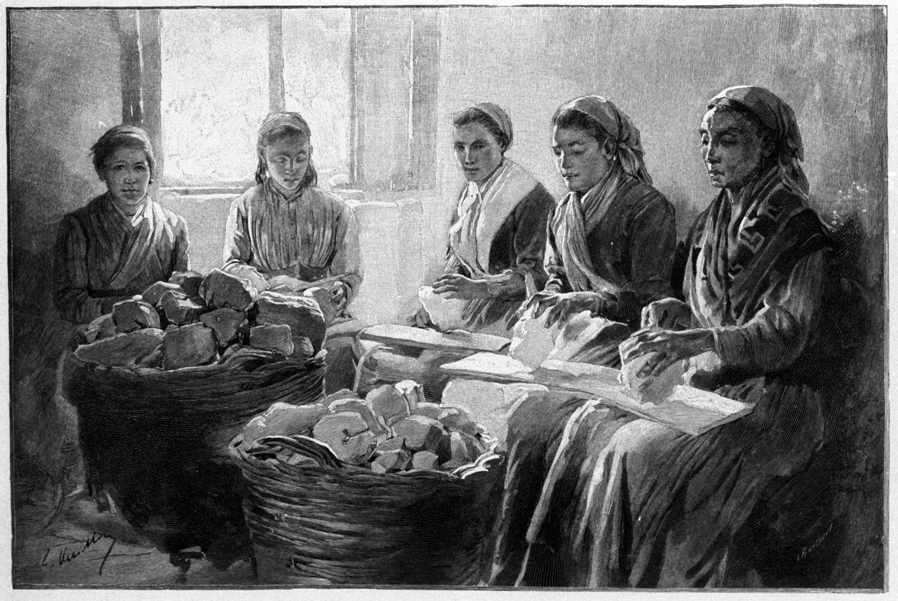 Ponza taşını uzuvlayan işçiler Lipari Sicilya 19. yüzyıl gravürü by Unknown artist