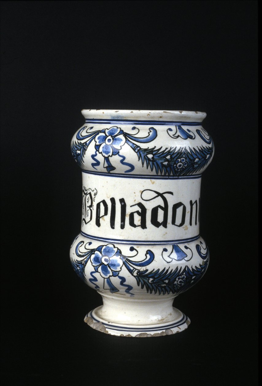 Eczacılıkta kullanılan zehirli bitki olan Belladonna içeren XVI. yüzyıl eczane kabı. Bilim ve Teknoloji Müzesi, Milano. by Unknown artist