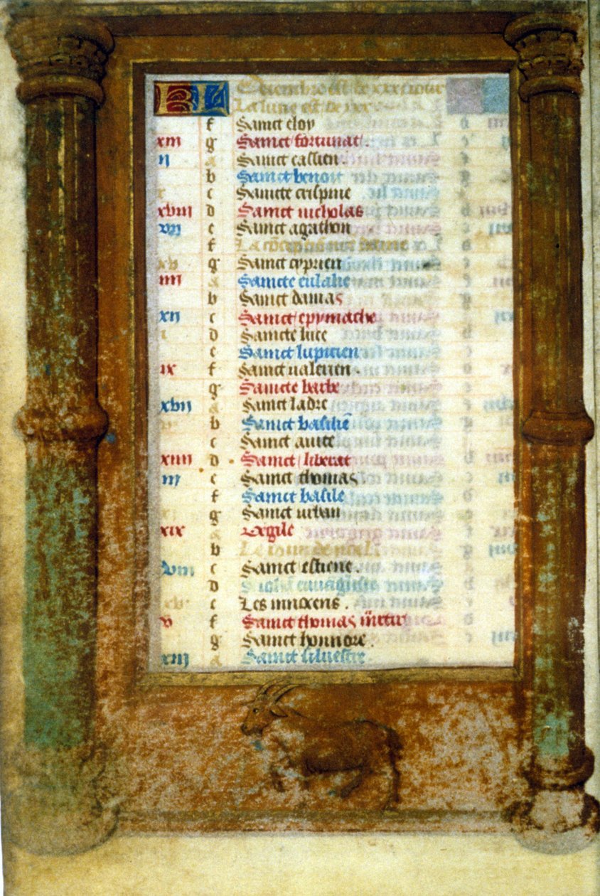 Aralık ayının Zodyak Oğlak ve Azizleri - minyatür Orta Çağ (ref.: 135, 006v): Toulouse Belediye Kütüphanesinden izin talebi (tel: 05 62 27 66 66) by Unknown artist