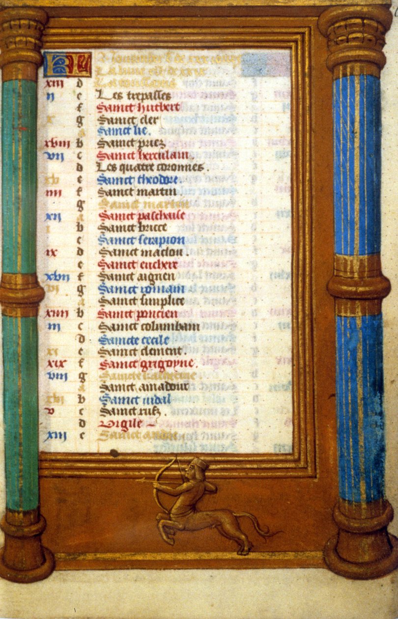 Burç Yay ve Kasım ayının azizleri - minyatür Orta Çağ (ref.: 135, 006r): Toulouse Belediye Kütüphanesinden izin talebi (tel: 05 62 27 66 66) by Unknown artist