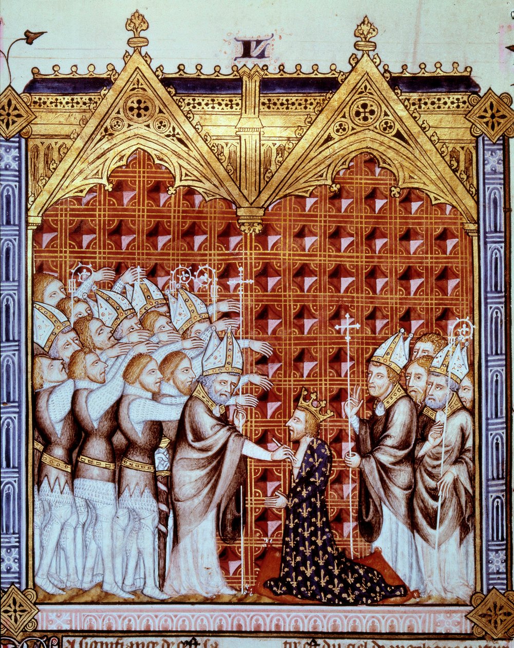 Eveques ve baronlarının huzurunda Fransa kralını meshetti. Minyatür “Rational des divins office”” (folio 44v) by Unknown artist