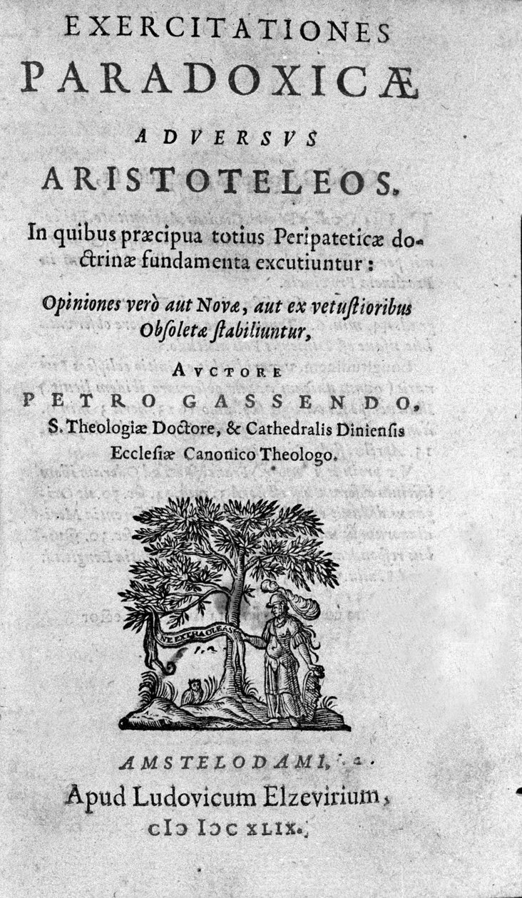 Pierre Gassendi (1592-1655), Fransız filozof, astronom, matematikçi ve fizikçi tarafından "Exercitationum paradoxicarum Advus Aristoteleos" adlı eserin ön yüzü. by Unknown artist