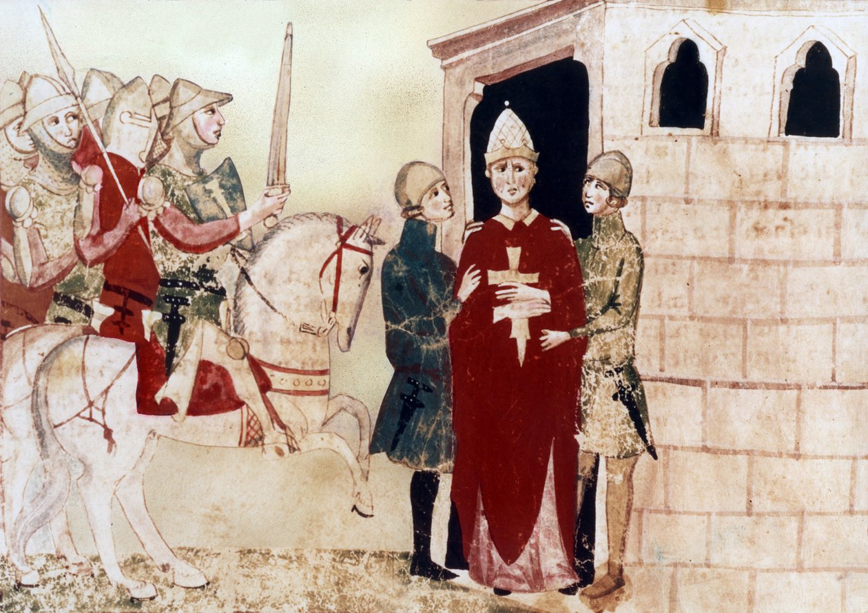 Papa VIII. Boniface (1294-1303) burada 1303'te Anagni'de tutsak, 14. yüzyıl el yazmasından illüstrasyon by Unknown artist