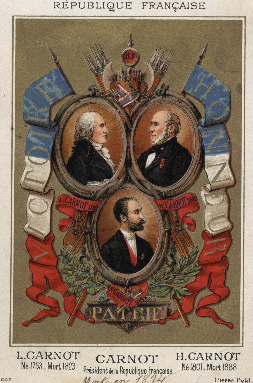 Fransız politikacı Lazare Carnot (1753-1823), Hyppolite Carnot (1801-1888) ve Fransız cumhuriyetinin başkanı Sadi Carnot