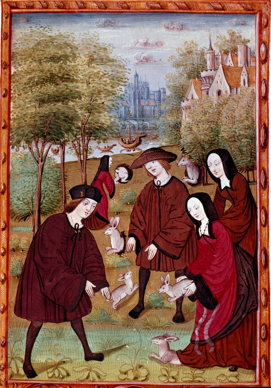 tavşanlarla oynayan gençler “” Histoire de Jean III de Brush ve eşi Louise de Laval”den Minyatür (ms. 1475) Chantilly, Musee Conde by Unknown artist