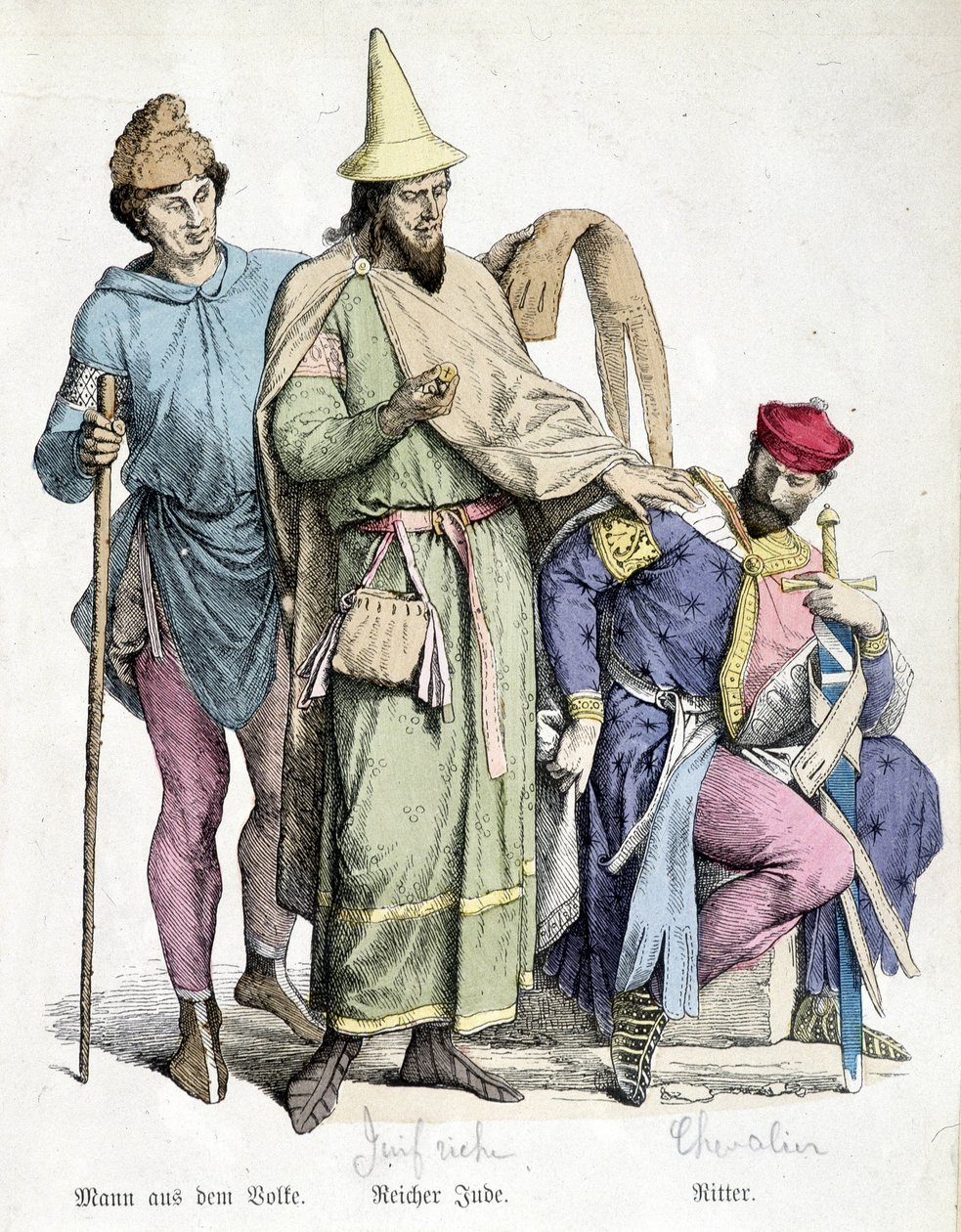 11. yüzyıl kostümleri: Sopalı adam, zengin Yahudi ve şövalye. 19. yüzyılın gravürü. by Unknown artist