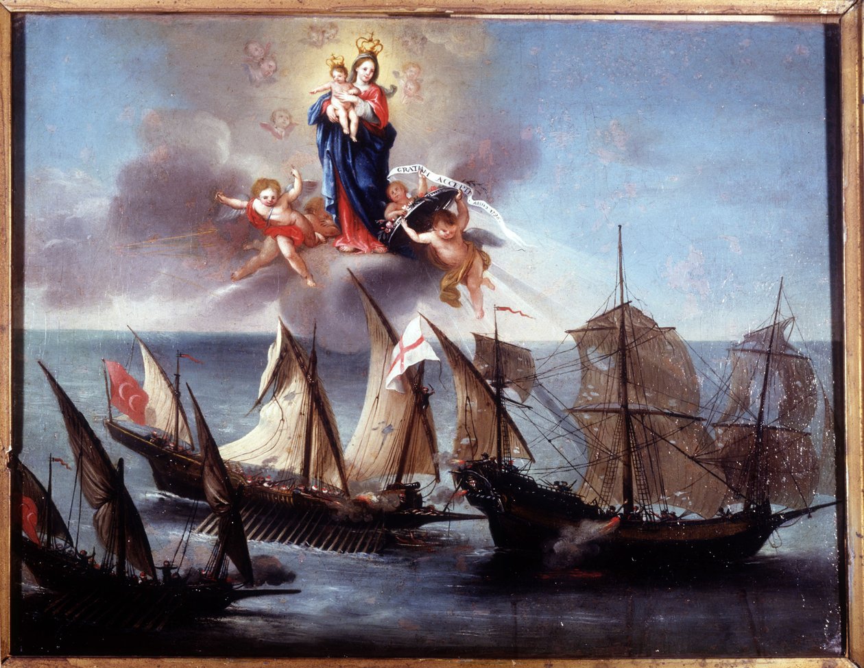 Bir kadırga ve bir barbar yarım kadırga tarafından saldırıya uğrayan bir Cenova teknesi. Ex-voto 1796. Cenova-Pegli Deniz Müzesi. by Unknown artist