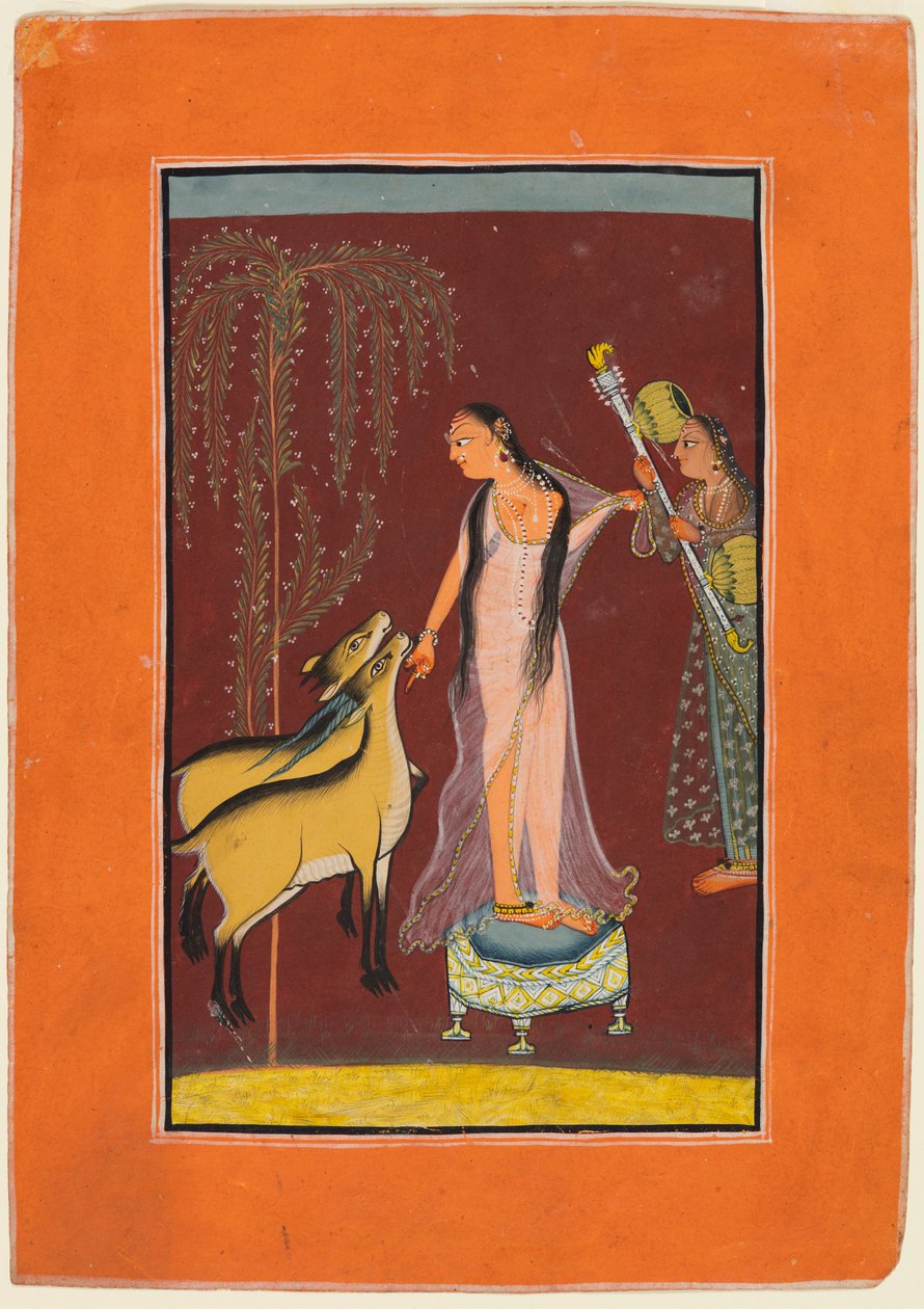 Refakatçisi ve Geyik Çifti Olan Bir Hanım: Muhtemelen bir Pahari Ragamala'dan Dipak'tan Gujari Ragini by Unknown artist