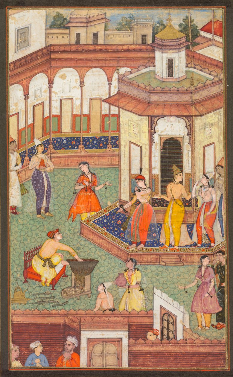 Harem Hanımları Hayretler İçinde Dururken Bir Adam Elini Kazana Daldırıyor: Din Tarihi El Yazmasından Bir Sayfa by Unknown artist
