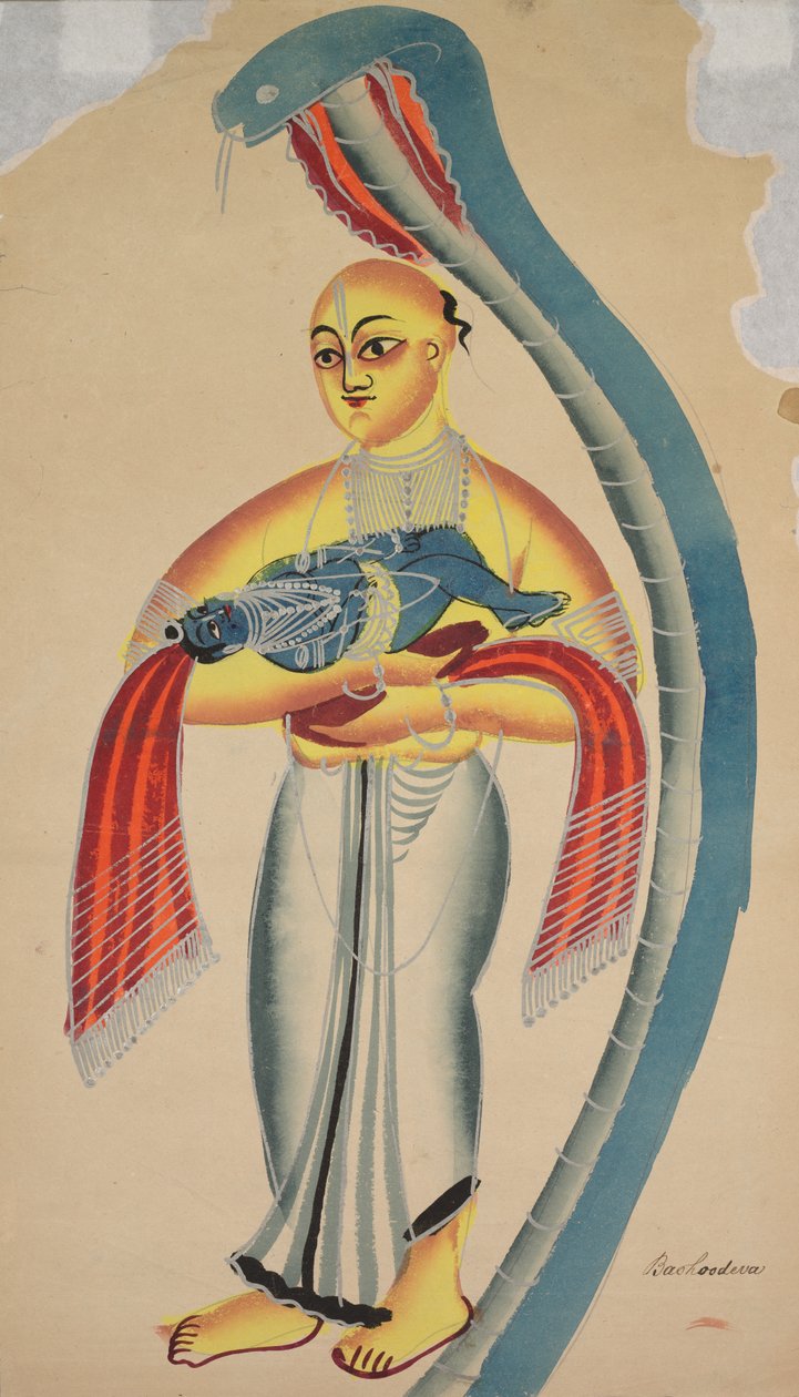 Bir Yılan Vasudeva'yı Koruyor, Bebek Oğlu Krishna'yı Güvenliğe Götürüyor by Unknown artist