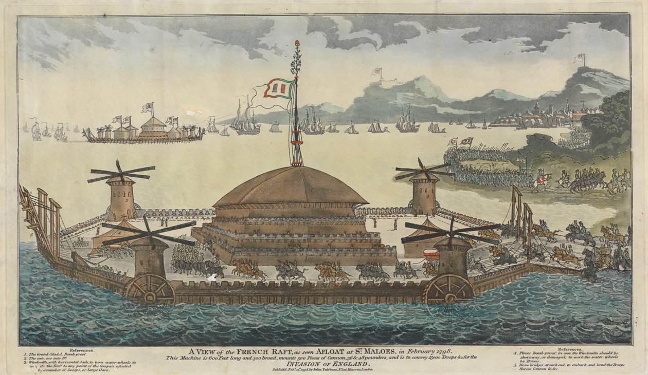 Şubat 1798'de St. Maloes'da Yüzerken görülen Fransız Salından Bir Görünüm. Makine 600 Feet uzunluğunda ve 300 genişliğindedir, 500 adet Top, 36 ve 48 pounder monte eder ve İstila için 15.000 Asker nakleder. İngiltere. by Unknown artist