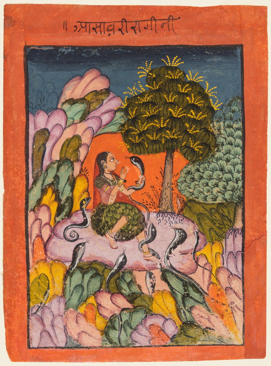 Bir Kadın Vahşi Doğada Yılanları Büyüler: Ragamala'dan Asavari Ragini by Unknown artist