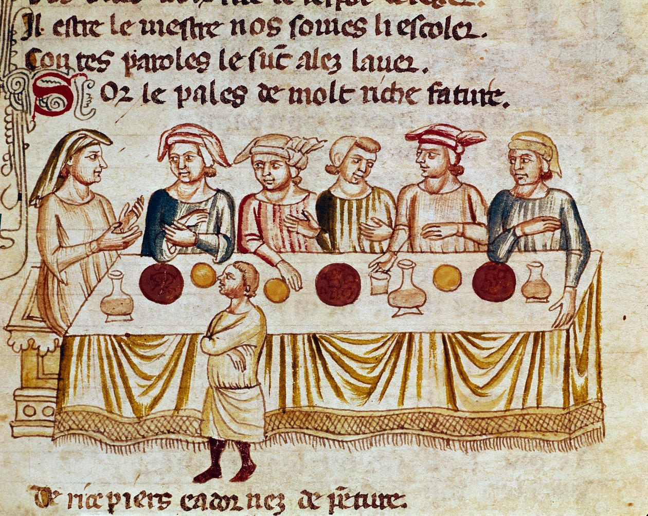 Bir ziyafet sahnesi: bir kral ve misafirleri Minyatür “İspanya Antre””den. 14. yüzyıl Venedik, Biblioteca Marciana. by Unknown artist
