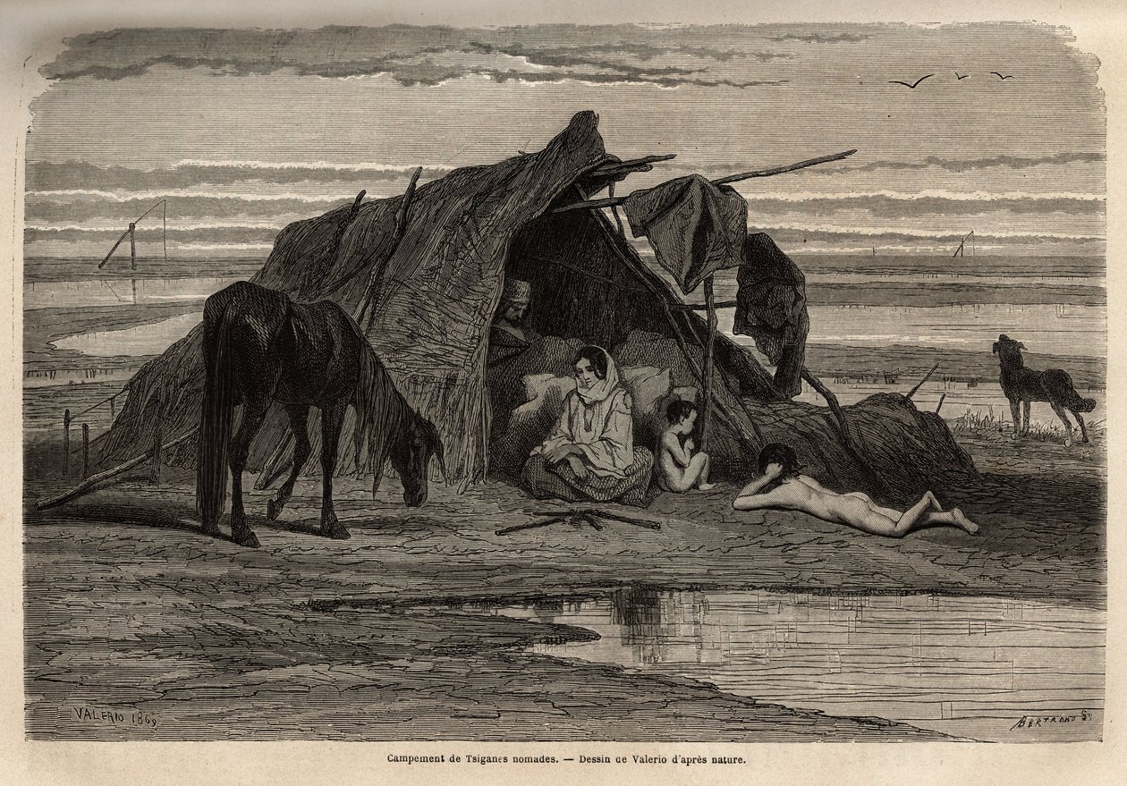 Kuzey Bosna'nın ovalarında bir göçebe çingene kampı. Güney Slavlar arasındaki seyahatin anılarını göstermek için gravür, Georges Perrot tarafından 1868'de, "Le tour du monde" 1870-1871'de yayınlandı, editör Edouard Charton tarafından, by Unknown artist