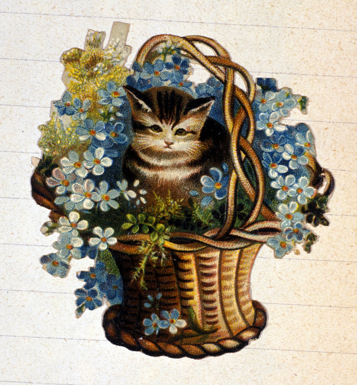 Çiçek sepetinde bir kedi. 19. yüzyıl kromolitografisi. by Unknown artist