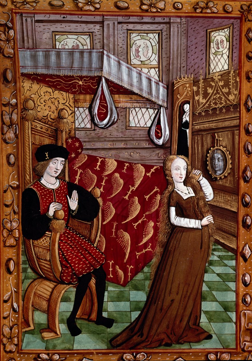 Yatak odasında bir çift, kadın “Histoire de Jean III de Brush et de son karısı Louise de Laval”den Minyatür giydiriyor (ms. 1475, fol. 6r) Chantilly, Musee Conde by Unknown artist