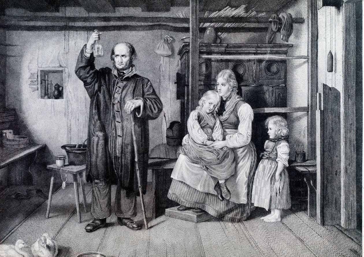Bir doktor, yoksulluk içinde yaşayan bir anne ve iki çocuğunu ziyareti sırasında bir şişeyi, muhtemelen bir idrar şişesini inceliyor (gravür) by Unknown artist