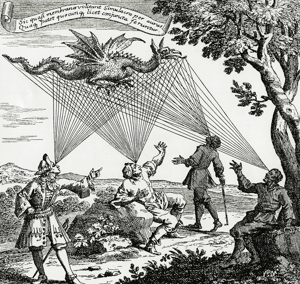 Zahn'ın “Oculus yapayis teledioptricus” tablosunun bakır gravürüne dayanan farklı görsel açılardan görülen bir ejderha. by Unknown artist