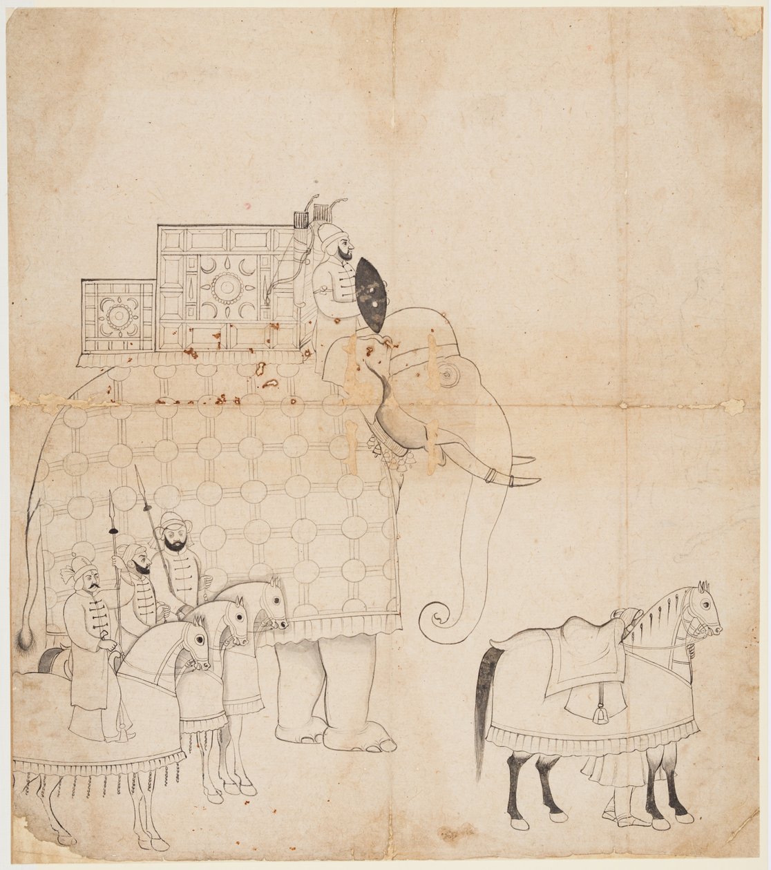 Caparisoned Fil ve Atların bir çizimi by Unknown artist
