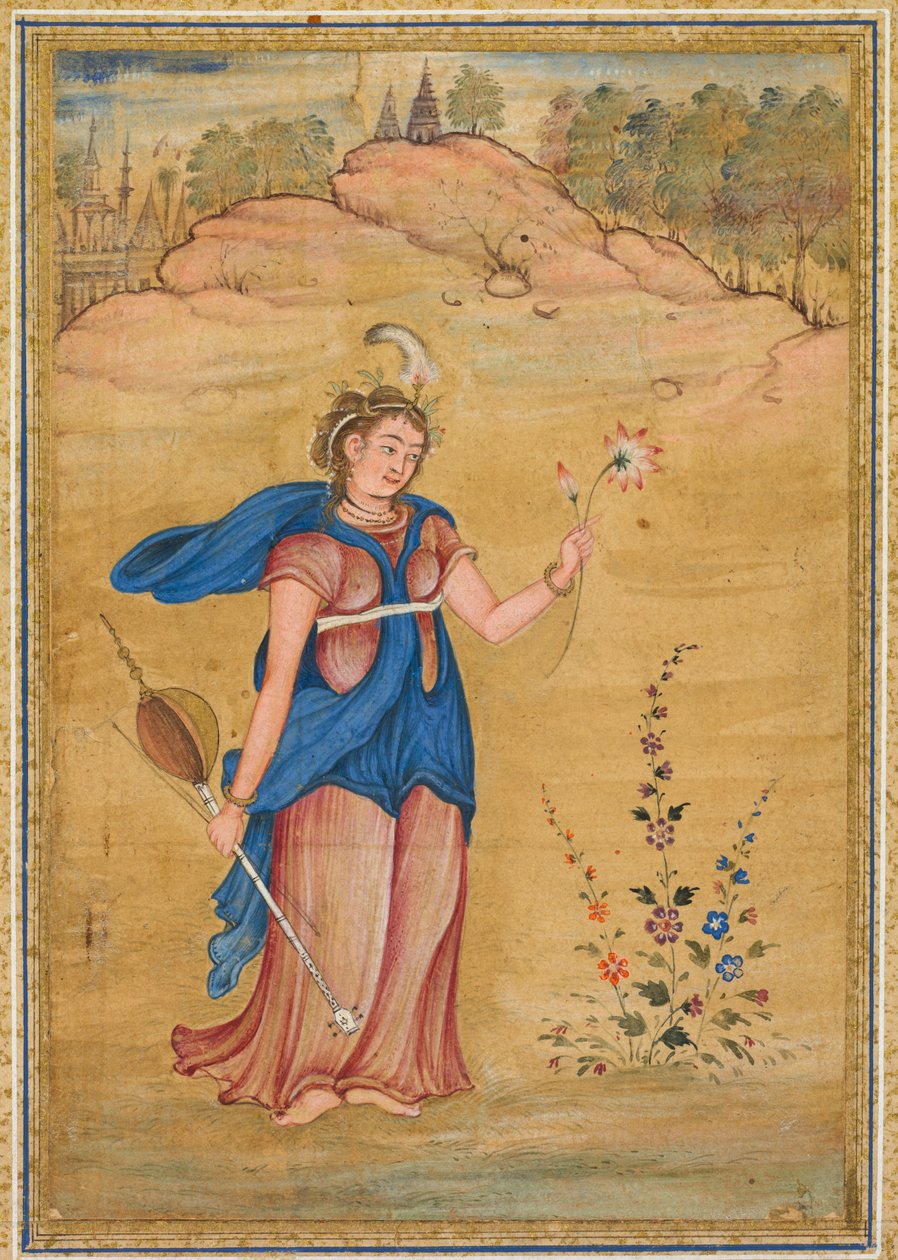 Dört telli bir “khuuchir” ve bir nilüfer tutan bir manzarada duran bir kadın figürü by Unknown artist