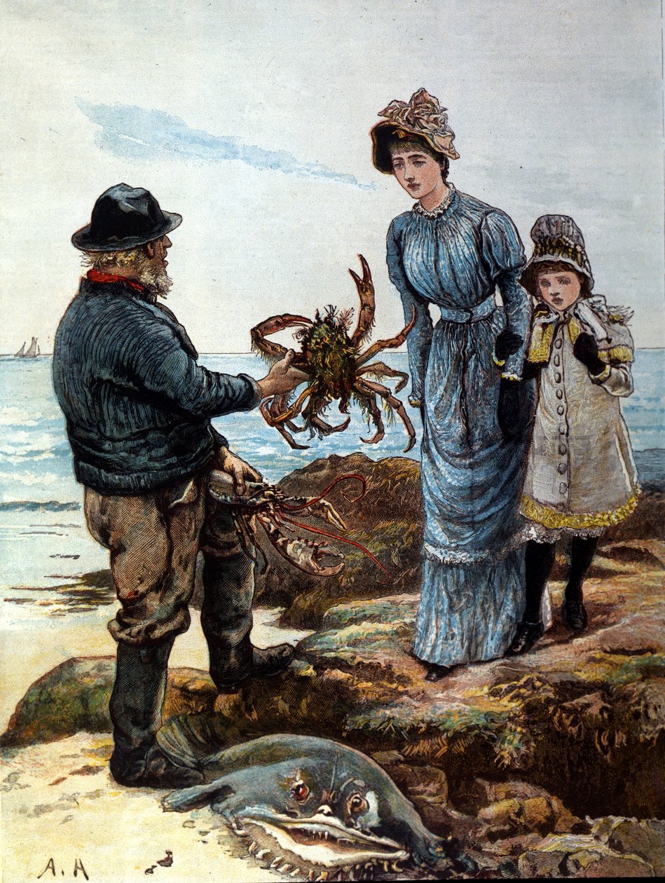 Bir balıkçı, bir anne ve kızına büyük bir yengeç gösterir. by Unknown artist