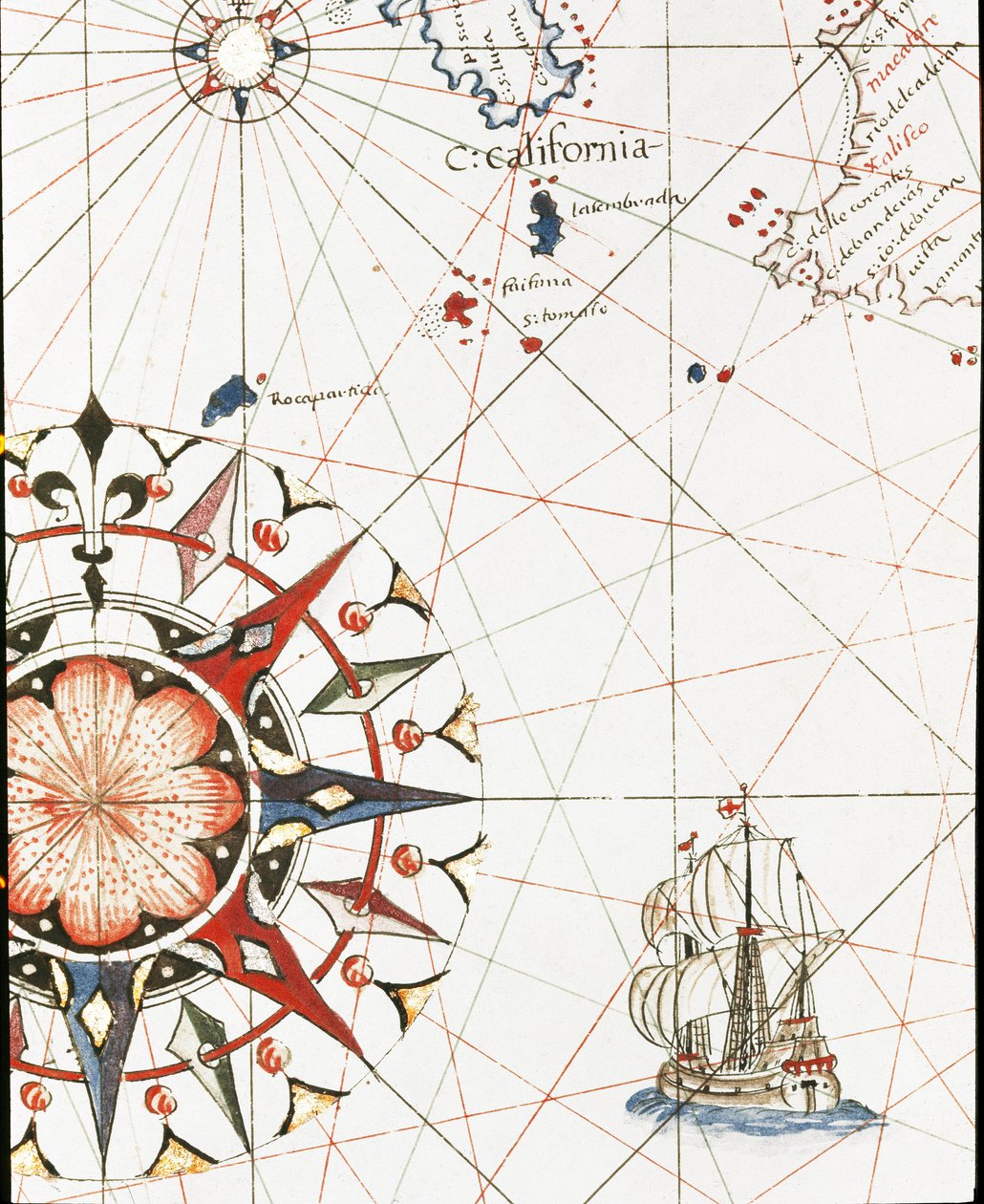 Kaliforniya kıyılarında yelken açan bir kalyon (Catellini portulan detayı) by Unknown artist