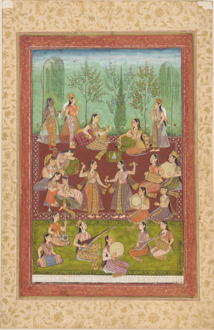 Bir bahçede müzik ve dansla eğlenen bir grup kadın by Unknown artist