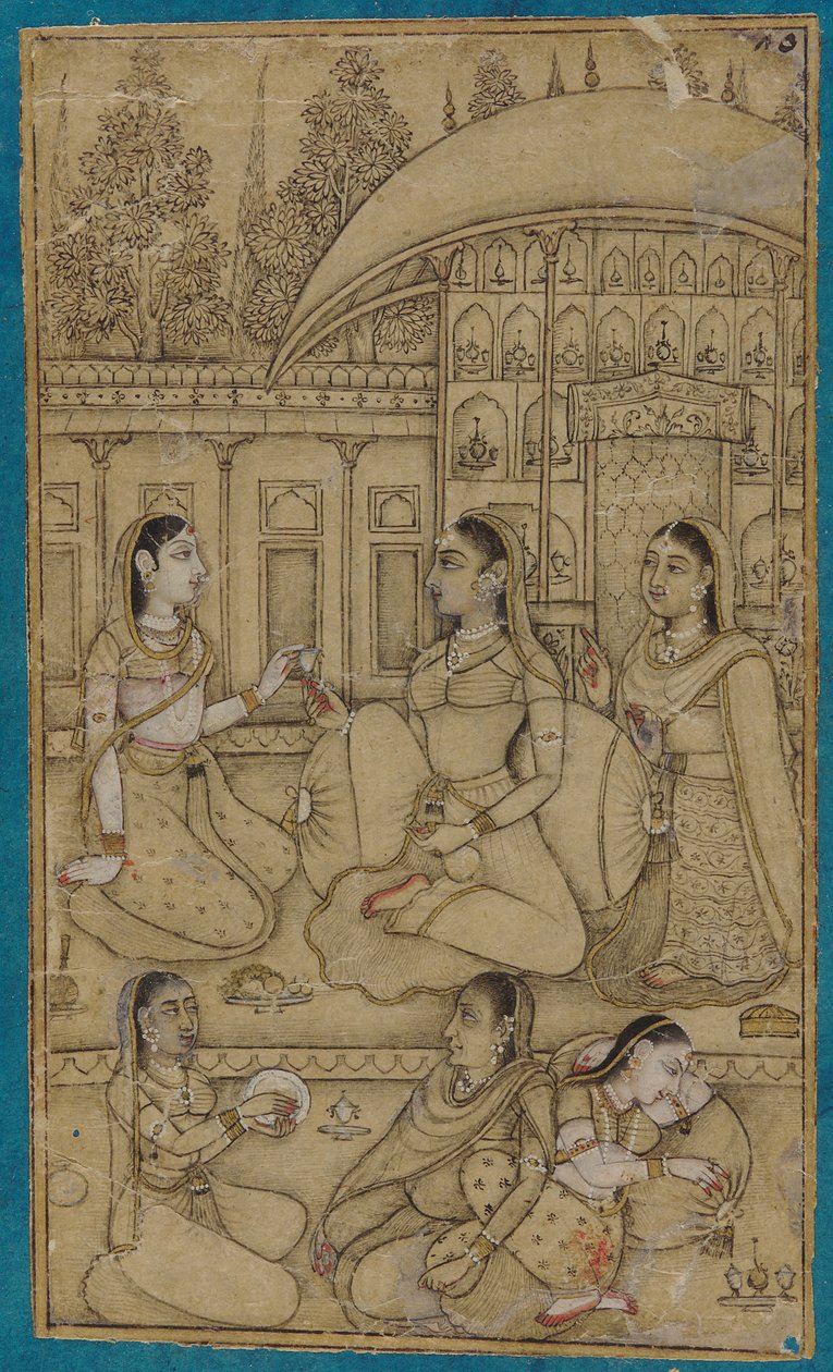 Bir avluda oturan bir bayan ve görevlileri by Unknown artist