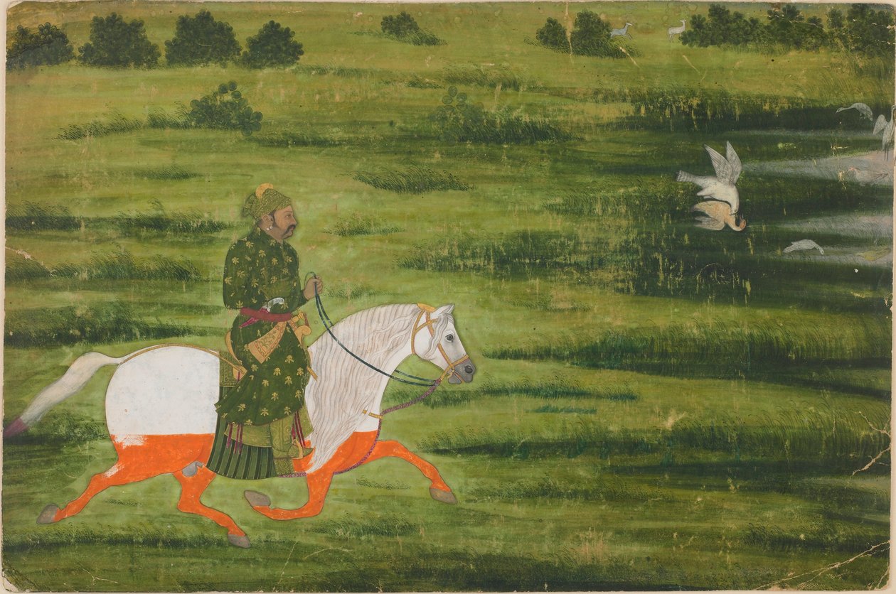 Atlı bir adam şahinle kuşları avlıyor by Unknown artist