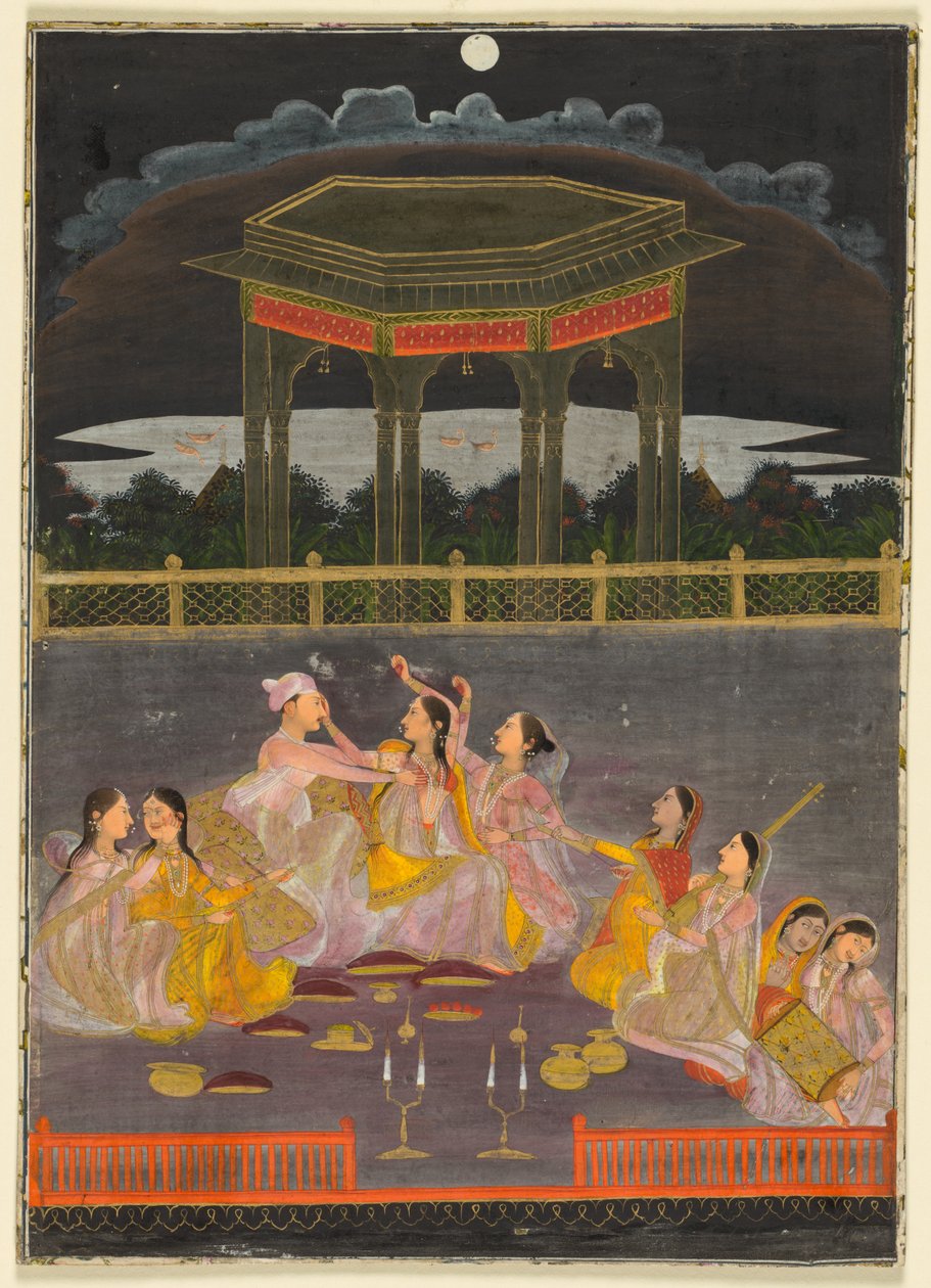 Geceleri bir terasta saray kadınlarıyla bayram kutlayan bir prens (rekto); bir dörtlüğün kaligrafisi (verso) by Unknown artist