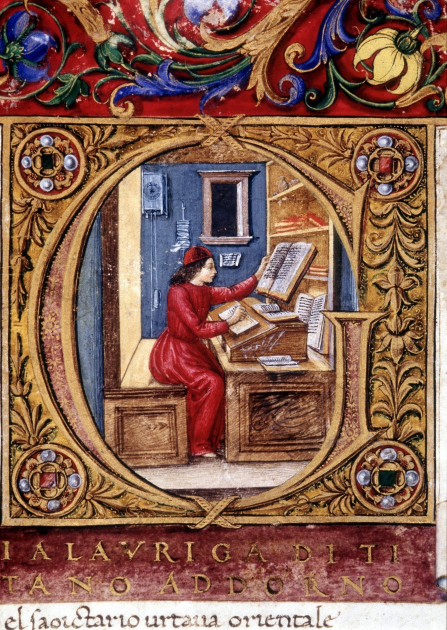 Bir bilgin - duvarda, sarkacın ilk temsillerinden biri (“” g” harfi). 15. yüzyıl el yazması. by Unknown artist