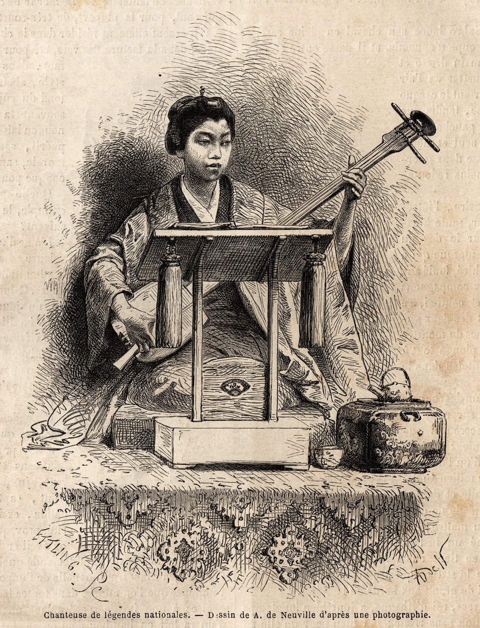 Ulusal efsanelerin bir şarkıcısı, şarkısına eşlik etmek için shamisen çalıyor, masasının arkasında oturuyor. İsviçre Konfederasyonu bakanı Aime Humbert tarafından 1863-1864
