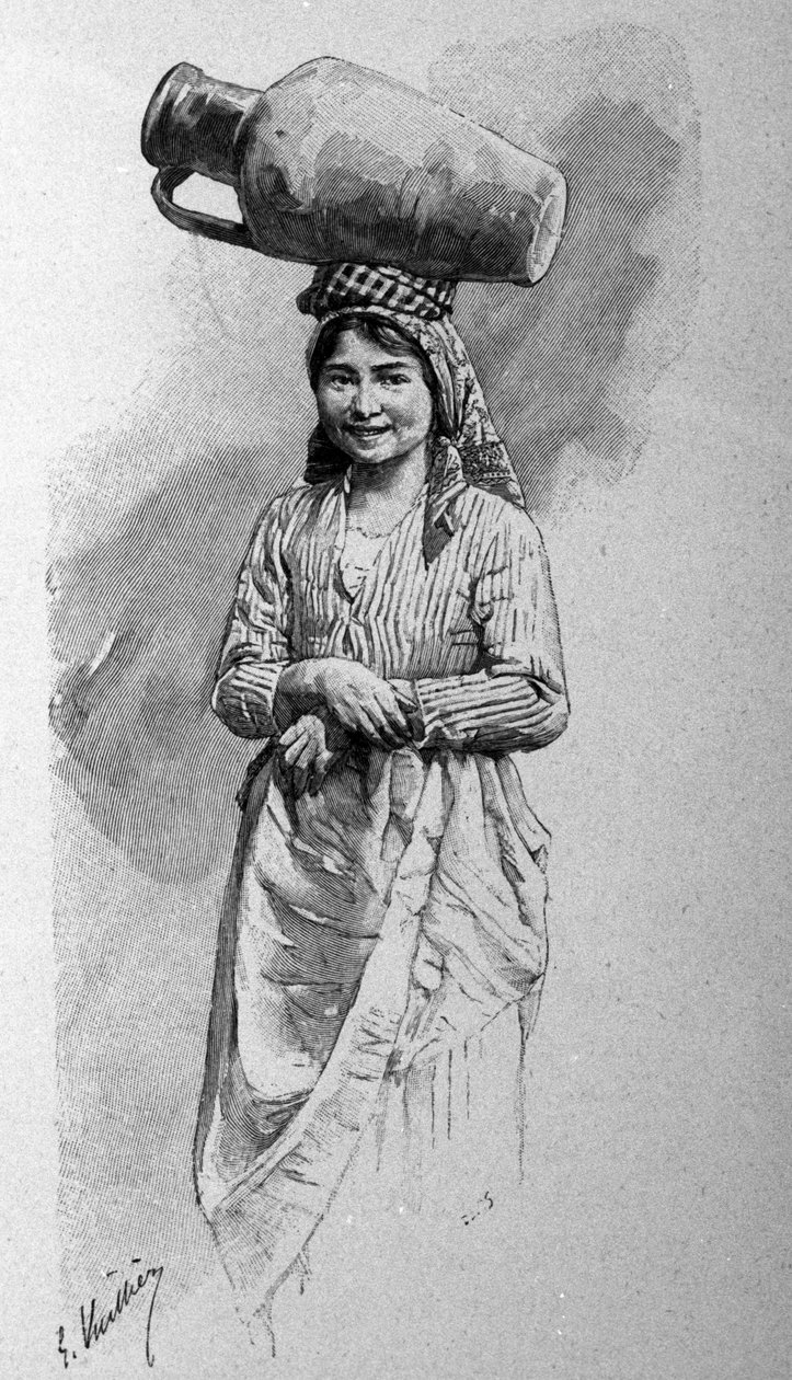 Başında bir sürahi taşıyan genç bir Sicilyalı kadın. by Unknown artist