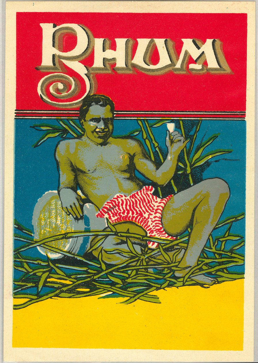 Bir bardak rom tutan genç bir siyah adam çıplak (reklam) (Kromolitografi by Unknown artist